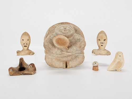 Group of 6 Inuit Bone Carvings Incl. Large Man
