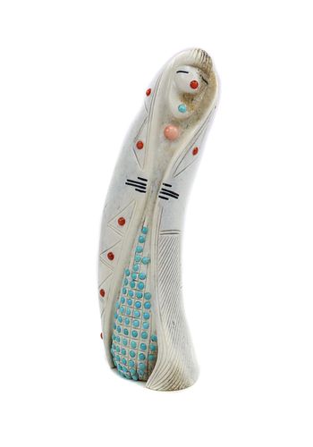 NO RESERVE - Zuni Antler Kachina Fetish with Turquoise, Coral, and Mother of Pearl Inlay c. 2000, 5" x 1.75" x 1.75" (M91914C-0223-015)