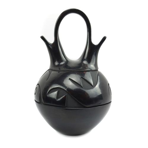 NO RESERVE - Cookie Tafoya - Santa Clara Black Wedding Vase with Carved Avanyu Design c. 1980-90s, 11" x 7" x 6.5" (P91914C-0223-002)