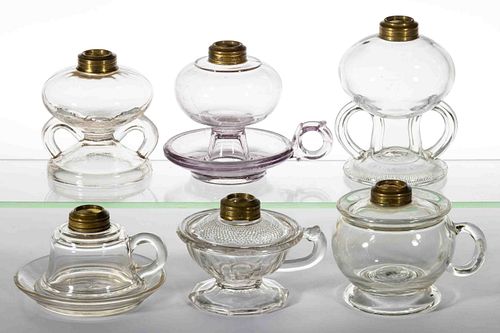 ASSORTED PATTERN GLASS KEROSENE FINGER LAMPS, LOT OF SIX