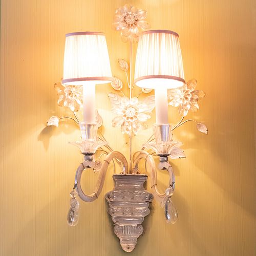 Pair of French Silvered-Metal and Glass Two-Light Sconces, in the Manner of Bagues