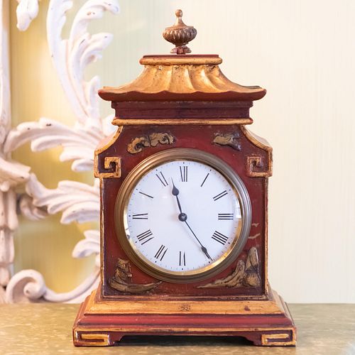 French Chinoiserie Red Painted and Parcel Gilt Mantel Clock