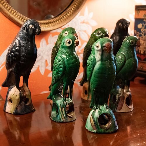 Group of Seven Chinese Export Glazed Pottery Parrots