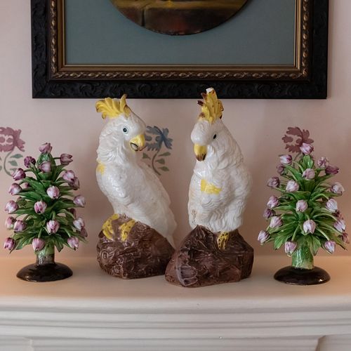 Pair of Italian Glazed Ceramic Models of Tulips and a Pair of Cockatoos
