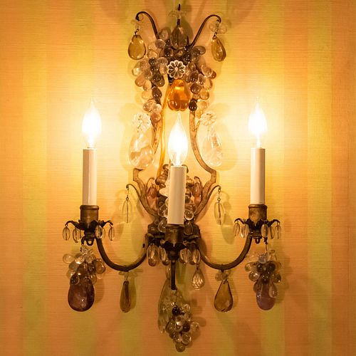 Pair of Baroque Style Gilt-Metal-Mounted Rock-Crystal, Amythest and Colored Glass Three-Light Sconces