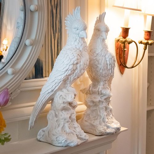 Pair of White Glazed Ceramic Models of Cockatoos