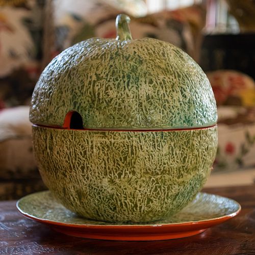 Italian Porcelain Melon Form Tureen, Cover and Underplate