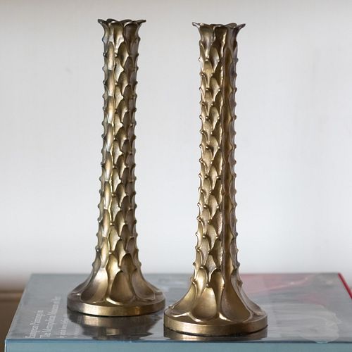 Pair of Patinated Metal Stylized Palm Tree Candlesticks