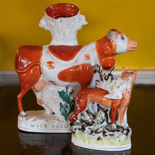 Staffordshire Spill Vase 'Milk Sold Here' and a Fox and Bird Spill Vase