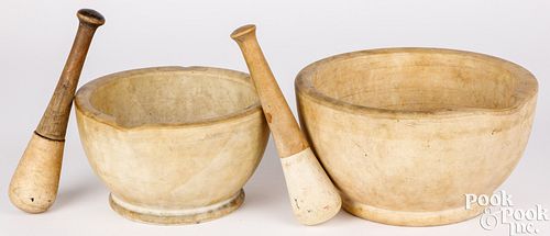 Two stoneware mortar and pestles