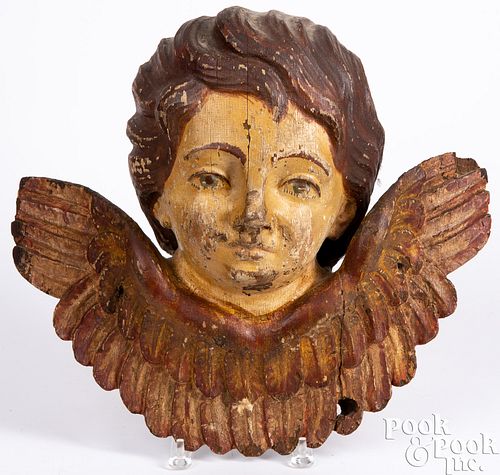 Carved and painted angel head with wings, 19th c.