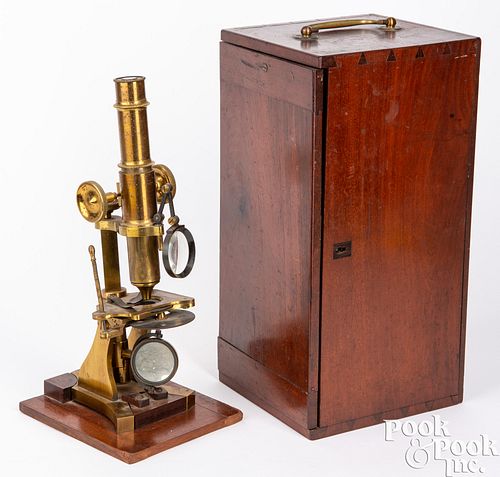Antique brass microscope with mahogany case