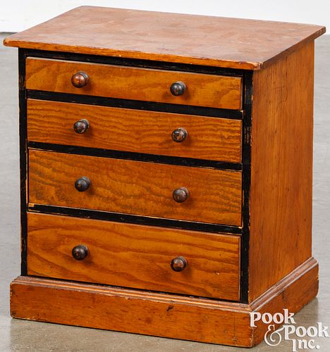 Miniature pine and burl veneer chest of drawers