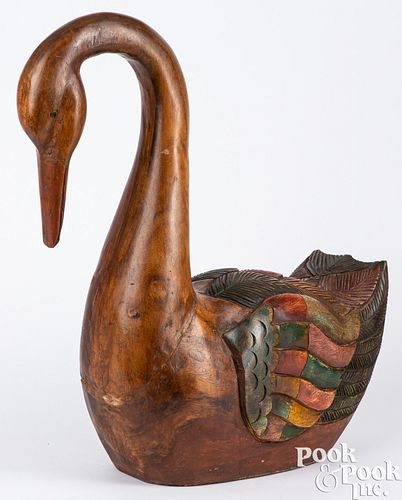 Carved and painted mahogany swan