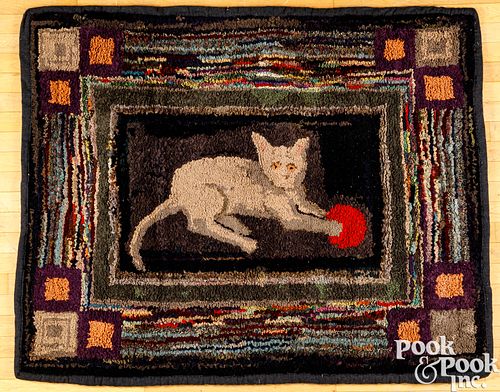 American hooked rug with cat and ball, ca. 1900