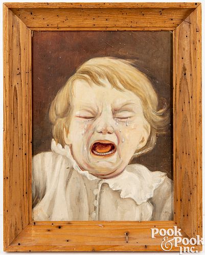 Oil on board of a crying child