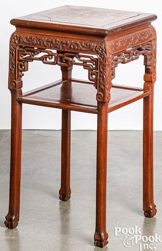 Chinese carved hardwood marble top stand