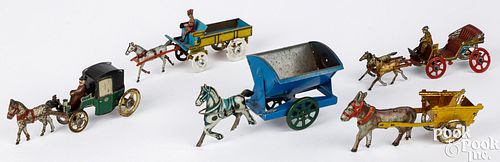 Five tin lithograph horse drawn penny toys