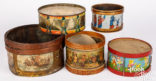 Five tin lithograph child's drums