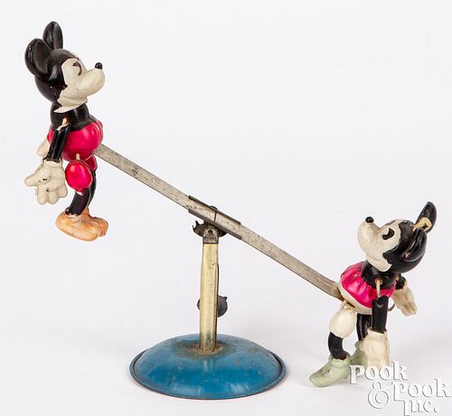 Celluloid Mickey & Minnie Mouse see saw toy