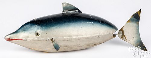 French tin and wood clockwork dolphin