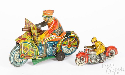Two tin lithograph wind-up motorcycles