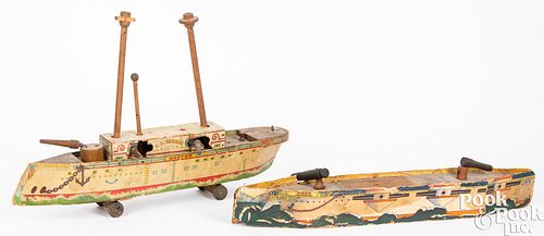 Two paper lithograph over wood boats