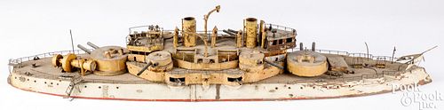 Unusual tin and wood battleship model