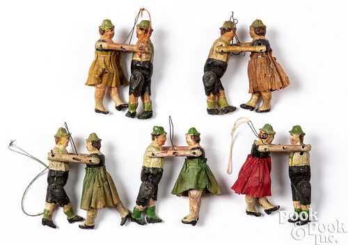 Five pair of German dancer Christmas ornaments