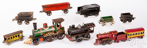 Group of miscellaneous train cars and locomotives