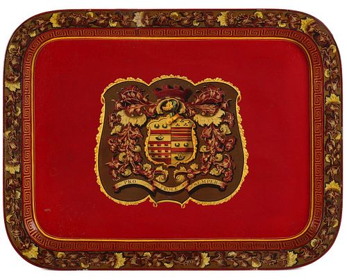 AN IMPRESSIVE CHINESE EXPORT ARMORIAL LACQUER TRAY