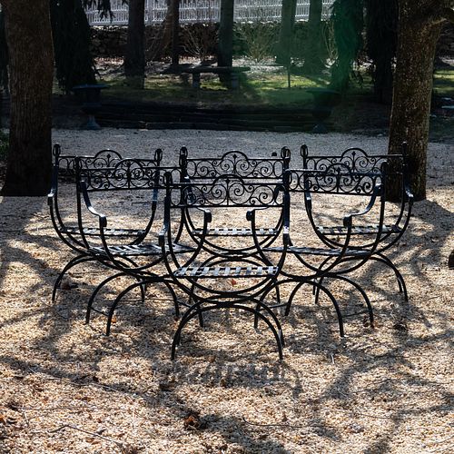 Group of Six French Black Painted Cast Iron Armchairs