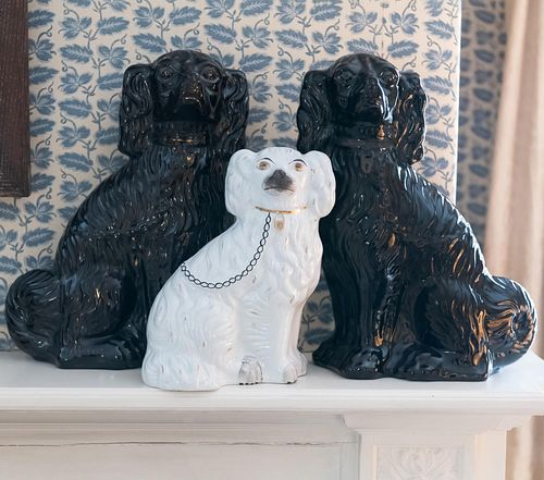 Pair of Staffordshire Black Glazed Flat Back Dogs and a White Dog