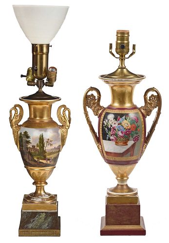 Two Continental Painted and Gilt Porcelain Urns Mounted as Lamps