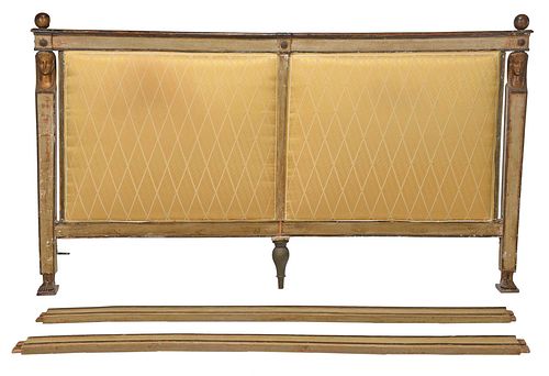 Empire Style Carved, Polychromed, and Silk Upholstered King Sized Headboard