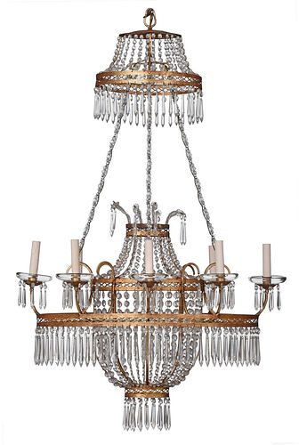 Neoclassical Gilt and Crystal Basket Form Eight Light Chandelier