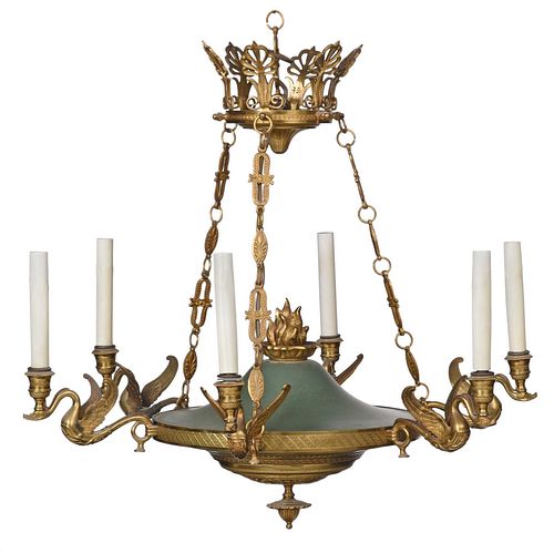 Empire Style Gilt Bronze and Painted Tole Six Light Chandelier