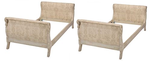 Pair Empire Style Carved and Painted Swan Figural Upholstered Twin Bedsteads