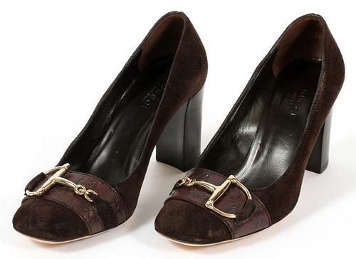 GUCCI BROWN SUEDE AND EMBOSSED LEATHER PUMPS