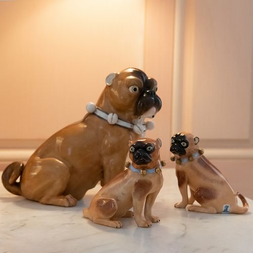Two Dresden Porcelain Models of Pugs and Two Larger Continental Models of a Pugs