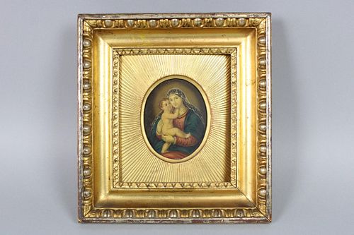 Painting on Tin in Gilt Frame, Madonna and Child After Raphael