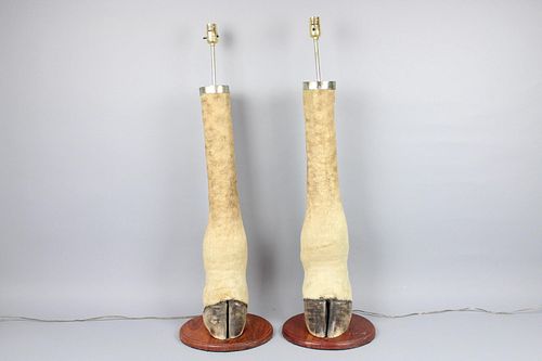 Pair of 3-ft Tall Giraffe Feet Hoof Lamps on Wood Bases