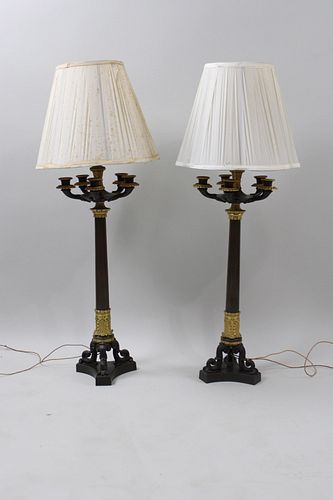 Pair of Antique French Empire Bronze & Gilt Candelabra Lamps