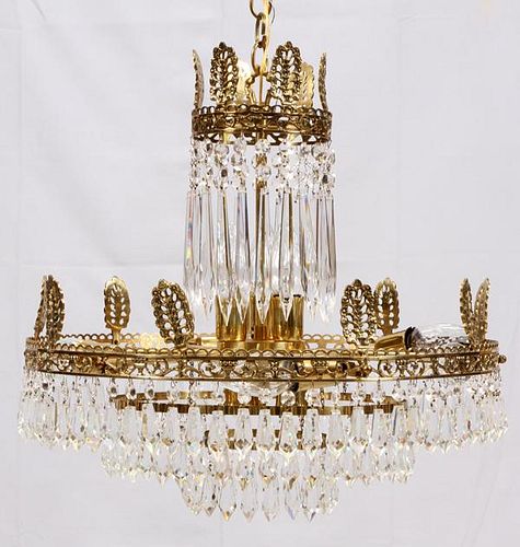 NINE LIGHT CRYSTAL AND GILT BRASS CHANDELIER LATE 20TH C