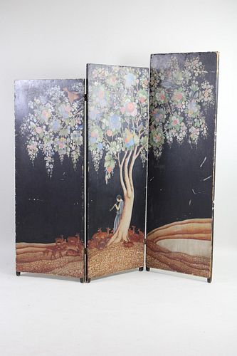 3-Panel Painted Chinoiserie Room Divider Screen with Floral Scene
