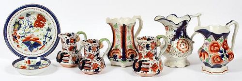 GAUDY DUTCH PORCELAIN PITCHERS CREAMERS AND PLATES