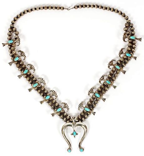 NAVAJO STERLING & TURQUOISE SQUASH BLOSSOM NECKLACE