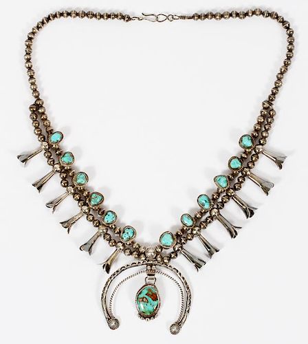 NAVAJO STERLING & TURQUOISE SQUASH BLOSSOM NECKLACE