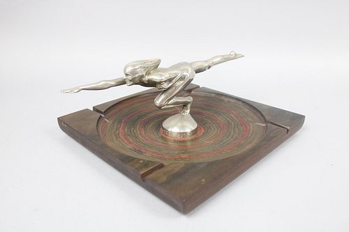 Handmade Ashtray with Silver Speed Figure and Multicolor Laminate Base