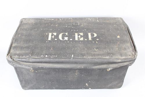 Black Canvas Covered Wicker Chest, Marked F.G.E.P.